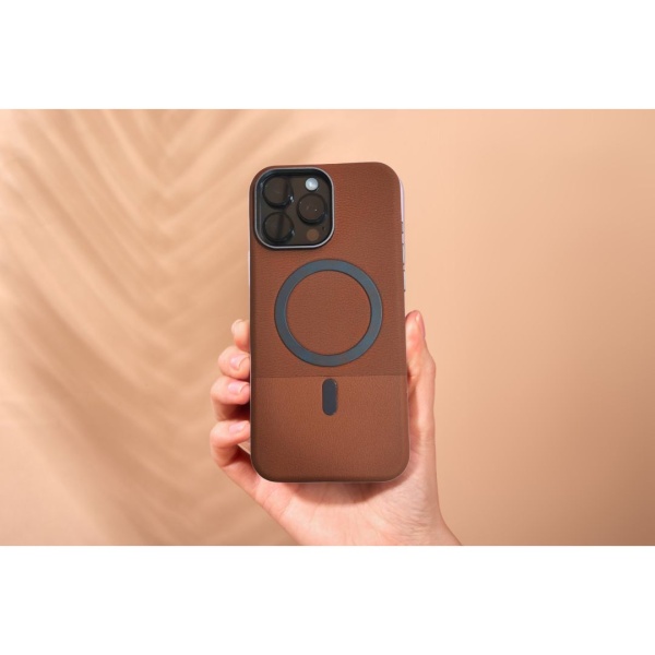 Leather Magnetic Case for iPhone 15 Pro Max – PU + TPU + PC Hybrid, Slim Shockproof Back Cover with MagSafe Compatibility – Brown UAE | DUBAI عکس 3 